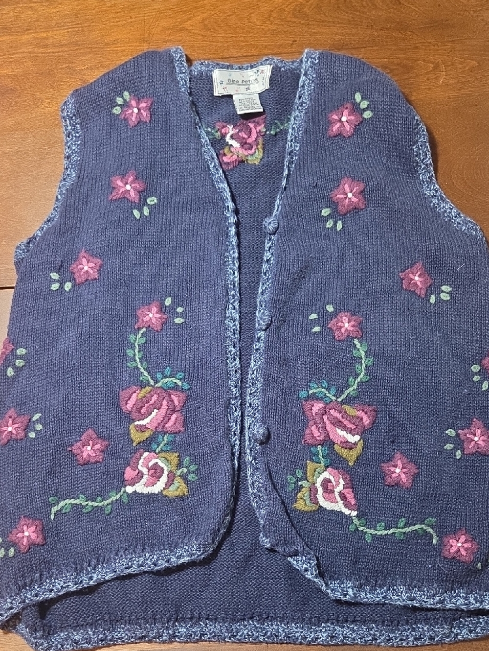 90's Knit Sweater Navy Blue With Pink Flowers Vest Size Large Gina Peters